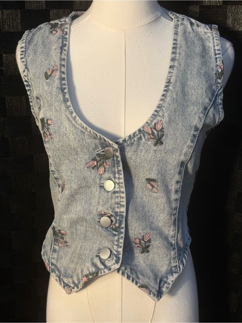 Stoosh Light Wash Denim Embroidered Crop Top with Pink Floral Accents